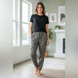 Nicole Miller Olive Cargo Jogger Pants with Drawstring Waist Size M Lyocell